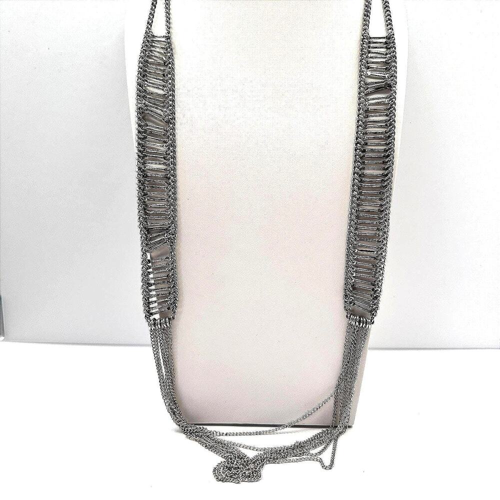 Vintage 90s Multi Strand Chain Silver Tone Necklace Statement Women's Jewelry